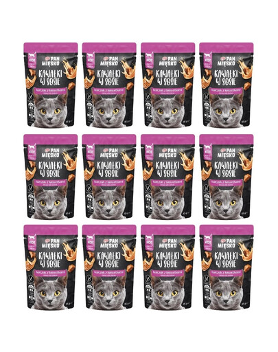 PAN MIŠKO Gabaliukai padaže Vištiena su krevetėmis drėgnas maistas katėms 12x85 g