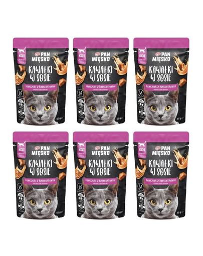 PAN MIĘSKO Gabaliukai padaže Vištiena su krevetėmis drėgnas maistas katėms 6x85 g