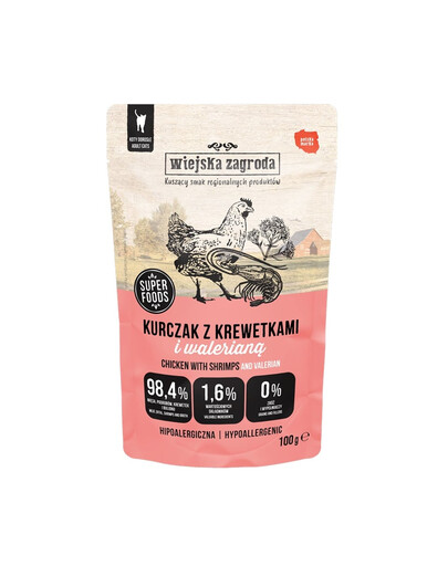 WIEJSKA ZAGRODA Superfoods Vištiena su krevetėmis ir valerijonu drėgnas maistas katėms 100 g