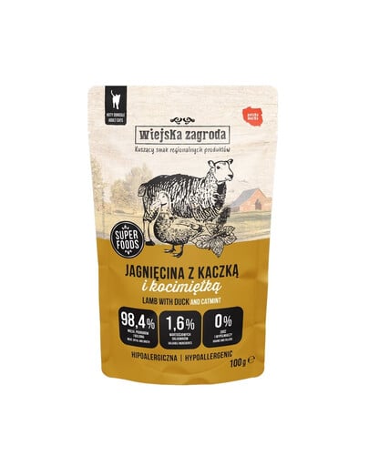 WIEJSKA ZAGRODA Superfoods Avinienė su antis ir katžole drėgnas maistas katėms 100 g