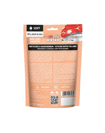 PAN MIĘSKO Lazdai su įdaru Jautiena ir lašiša skanėstas šunims 100 g