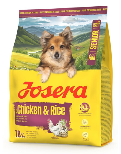 JOSERA Mini Senior Chicken and Rice 900g be gluteninė maisto produktas vyresniems mažų veislių šunims