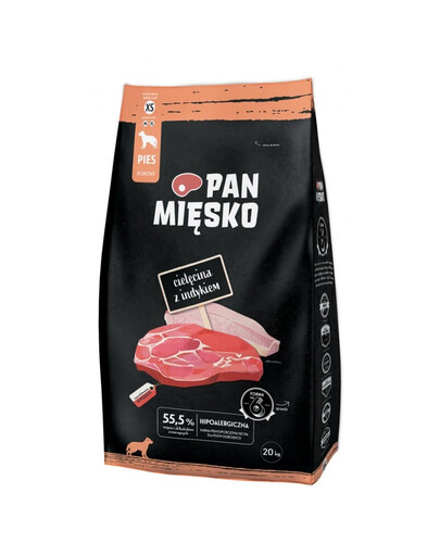 PAN MIĘSKO Veršienos ir kalakutienos granulės šunims XS 2x20 kg
