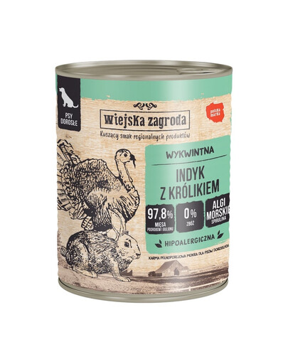 WIEJSKA ZAGRODA kalakutiena  ir triušienos šlapias šunų maistas 12x800 g