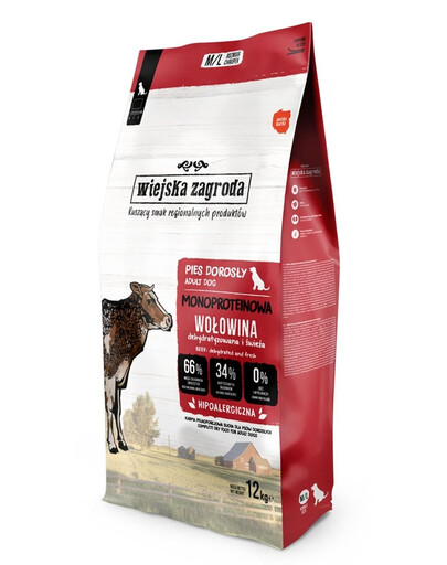 WIEJSKA ZAGRODA Vienos rūšies baltymų jautienos šunų ėdalas M/L 12 kg