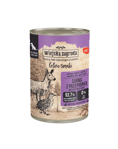 WIEJSKA ZAGRODA Miško skoniai Elnias su putpelėmis šlapias šunų maistas 24x400 g