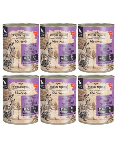 WIEJSKA ZAGRODA Miško skoniai Elnias su putpelėmis šlapias šunų maistas 6x800 g