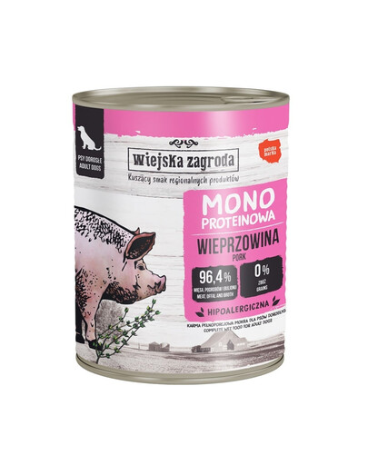 WIEJSKA ZAGRODA monoproteinas šlapias šunų maistas su kiauliena, 12 x 800 g