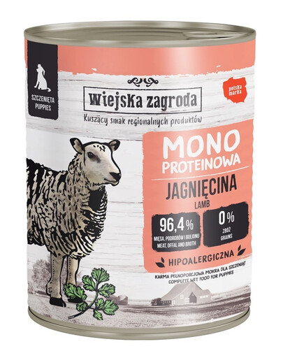 WIEJSKA ZAGRODA Monobaltinis ėriuko mėsos šlapias maistas šuniukams, 12 x 800 g
