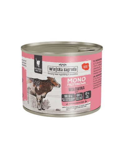 WIEJSKA ZAGRODA Vienos rūšies baltymų jautienos šlapias kačių maistas 12x200 g