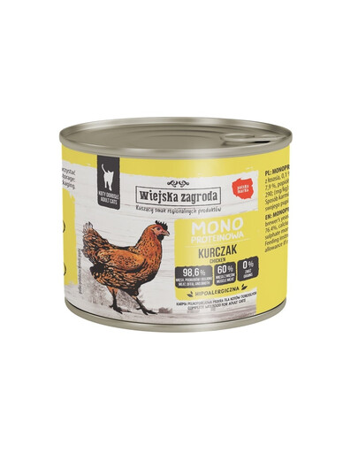 WIEJSKA ZAGRODA Vienos rūšies baltymų vištienos šlapias kačių maistas 12x200 g