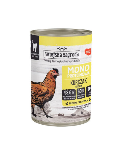 WIEJSKA ZAGRODA Vienos rūšies baltymų vištienos šlapias kačių maistas 6x400 g