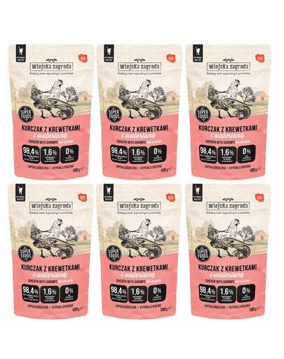 WIEJSKA ZAGRODA Superfoods Vištiena su krevetėmis ir valerijonais, šlapias kačių maistas, 6 x 100 g