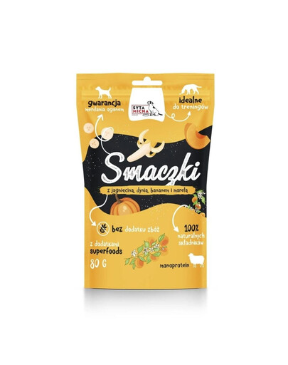 SYTA MICHA Skanėstai su aviena, moliūgu, bananais ir abrikosais šunims 80 g