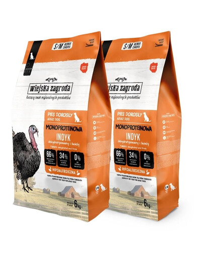 WIEJSKA ZAGRODA Monoproteininis kalakutienos traškus ėdalas šunims S/M 2x6 kg