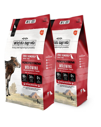 WIEJSKA ZAGRODA Vienos rūšies baltyminė jautiena šunims traškuose M/L 2x6 kg