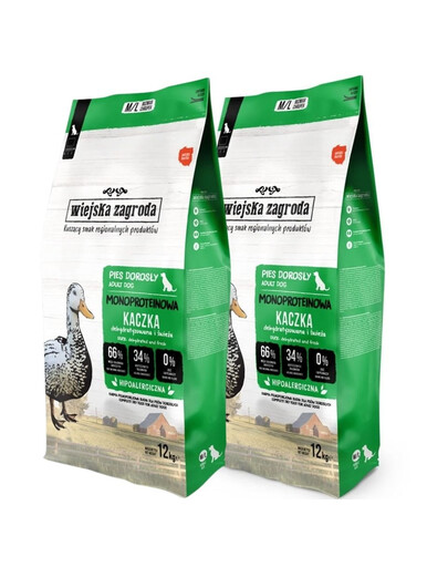 WIEJSKA ZAGRODA Monoproteīna pīles suņiem kraukšķīgi M/L 2x12 kg