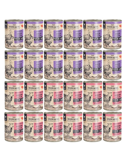 WIEJSKA ZAGRODA Mix skoniai Ėriena su kriliu ir vištiena su ančių mėsa 24x400g katėms