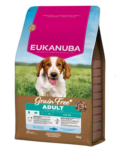 EUKANUBA Grain Free Adult Small Medium Ocean Fish 3 kg be grūdis sausas maistas su žuvimi suaugusiems mažų ir vidutinių veislių šunims