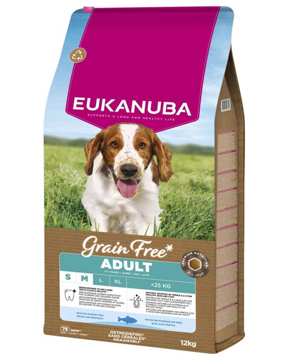 EUKANUBA Grain Free Adult Small Medium Ocean Fish 12 kg be grūdis maistas suaugusiems mažų ir vidutinių veislių šunims su žuvimi