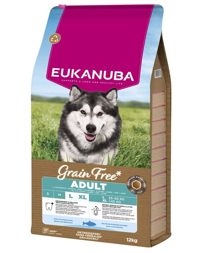 EUKANUBA Grain Free Adult Large Ocean Fish 12 kg bezzbóżinė sausa maistas su žuvimi suaugusiems didelių veislių šunims