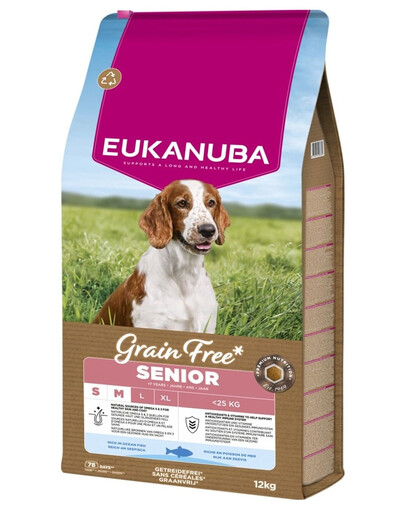 EUKANUBA Grain Free Senior Small Medium Ocean Fish 12 kg be grūdis maistas vyresniems mažų ir vidutinių veislių šunims su žuvimi