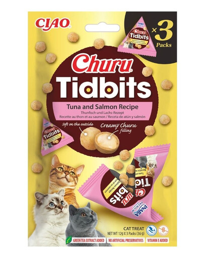 INABA Cat Churu Tidbits Tuna and Salmon Recipe 3x12g minkšti ir kreminiai skanėstai su tunu ir lašiša katėms