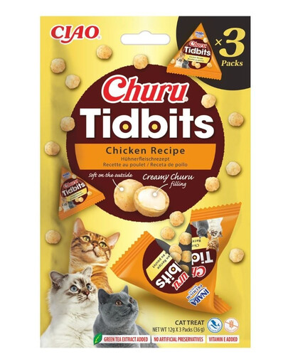 INABA Cat Churu Tidbits Chicken Recipe 3x12g minkšti ir kreminiai skanėstai su vištiena ir lašiša katėms
