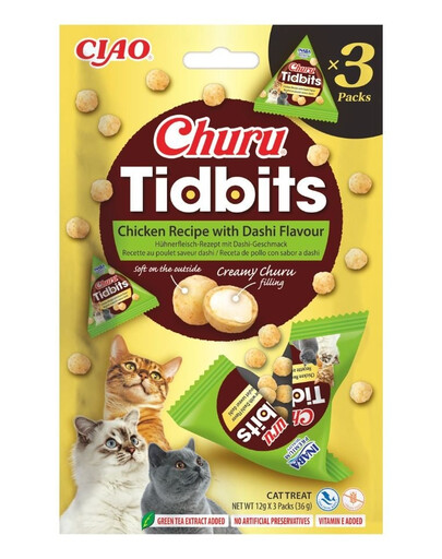 INABA Cat Churu Tidbits Chicken Recipe with Dashi Flavor 3x12g minkšti ir kreminiai skanėstai su vištiena dashi skonio