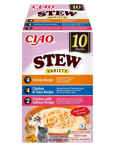 INABA Cat Ciao Stew Creamy Variety 10x40g mišinio skanėstų su vištiena, tunu ir lašiša kreminėje padaže