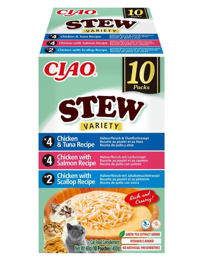 INABA Cat Ciao Stew Creamy Variety 10x40g mišinio skanėstų su vištiena, žuvimi ir midijomis kreminėje padaže