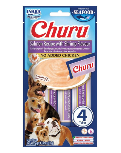 INABA Dog Churu Fish Based Salmon with Shrimp Recipe 4x14g kreminiai skanėstai su lašiša ir krevetėmis šunims