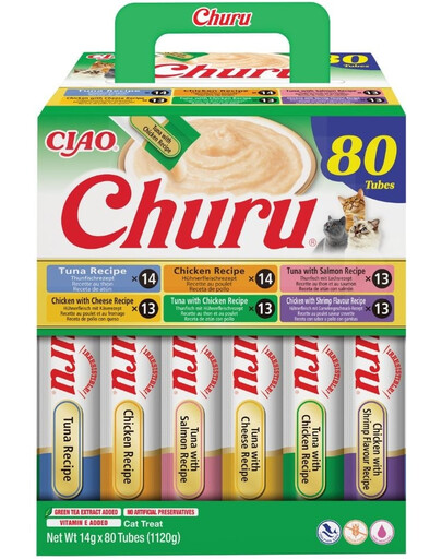 INABA Cat Churu Chicken and Tune Receipe 80x14g mix kreminių skanėstų su vištiena ir tunu katėms