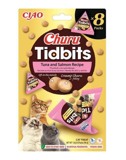 INABA Cat Churu Tidbits Tuna and Salmon Recipe 8x12g minkšti ir kreminiai skanėstai su tunu ir lašiša katėms