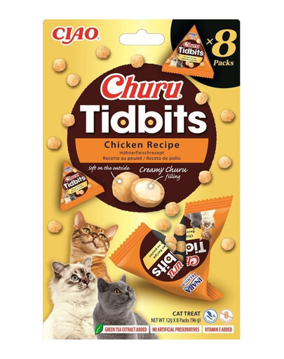 INABA Cat Churu Tidbits Chicken Recipe 8x12g minkšti ir kreminiai skanėstai su vištiena ir lašiša katėms