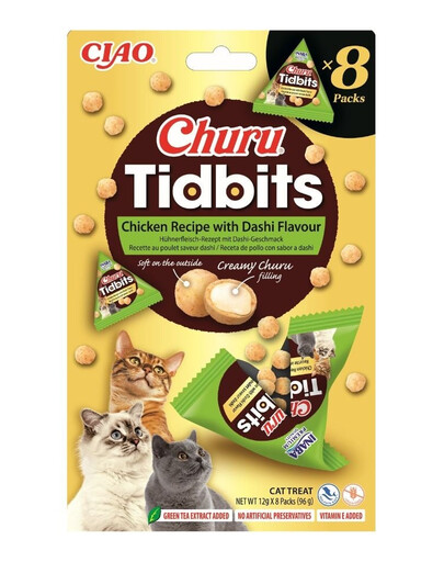 INABA Cat Churu Tidbits Chicken Recipe with Dashi Flavor 8x12g minkšti ir kreminiai skanėstai su vištienos ir dashi sultinio skonio katėms