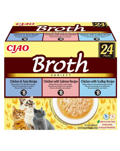 INABA Cat Ciao Broth Variety 24x40g mišinys sultinio su vištiena, žuvimi ir midijomis