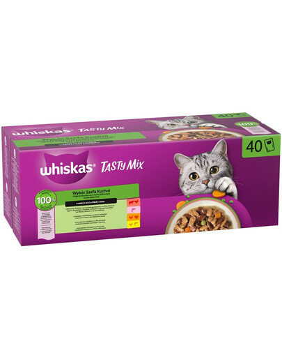 WHISKAS Adult Tasty Mix „Chef's Choice“ 40x85 g pilnavertis šlapias maistas suaugusiems katėms padaže