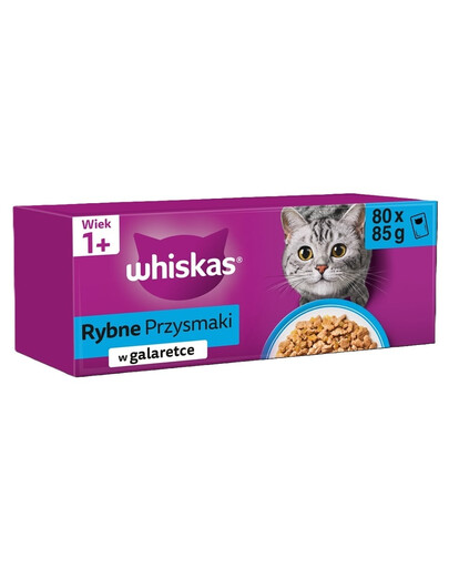 WHISKAS Suaugusių Žuvies Skanėstai 80x85g drėgnas maistas visaverčiam suaugusių kačių maitinimui želė