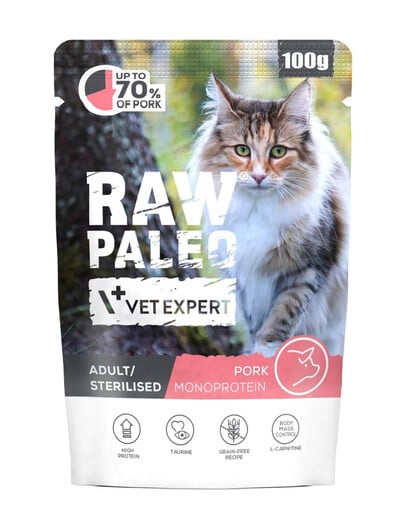 RAW PALEO Monoprotein Adult Sterilised Pork 100 g – šlapias pašaras su kiauliena suaugusioms sterilizuotoms katėms