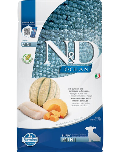 N&D Ocean Dog Puppy Mini cod, pumpkin & cantaloupe melon 800 g dorsz, dynia i melon kantalupa dla szczeniąt i suk w ciąży