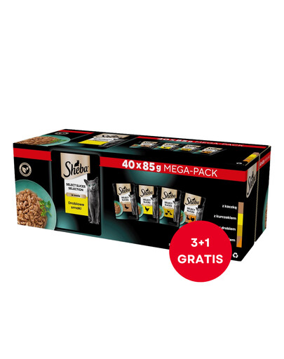 SHEBA Selection Select Slices Paukštienos skonio maišeliai 40x85 g padaže su gabaliukais: antis, vištiena, paukštiena, antis ir kalakutiena suaugusiems katėms (3+1 NEMOKAMAI)