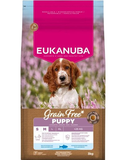 EUKANUBA Grain Free Puppy Small Medium Ocean Fish 3 kg bezzbóżinė maistas šuniukams mažų ir vidutinių veislių su žuvimi
