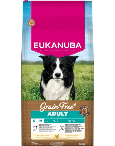EUKANUBA Grain Free Adult Small Medium Chicken 12 kg begrūdų sausas maistas mažų ir vidutinių veislių šunims su vištiena