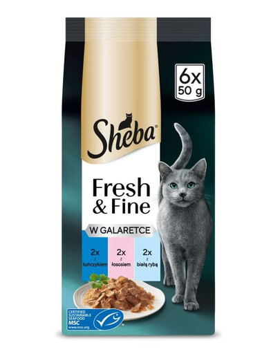 SHEBA Fresh & Fine su želė 6x50g su tunu, lašiša ir balta žuvimi, drėgnas maistas katėms