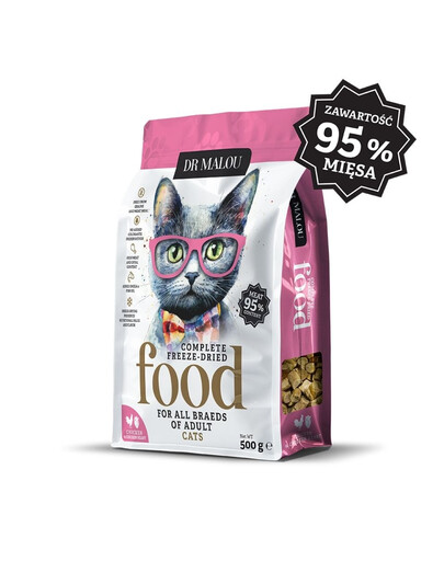 DR MALOU Liofilizuotas maistas „Vištiena su vištienos širdelėmis“ 500 g – sausas maistas katėms