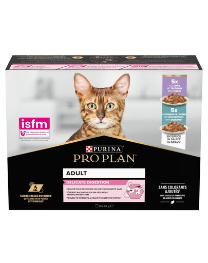 PURINA PRO PLAN Delicate Digestion su kalakutu ir vandenyninėmis žuvimis padaže. 10 x 85 g daugiapakė drėgnas maistas katėms su jautria virškinimo sistema