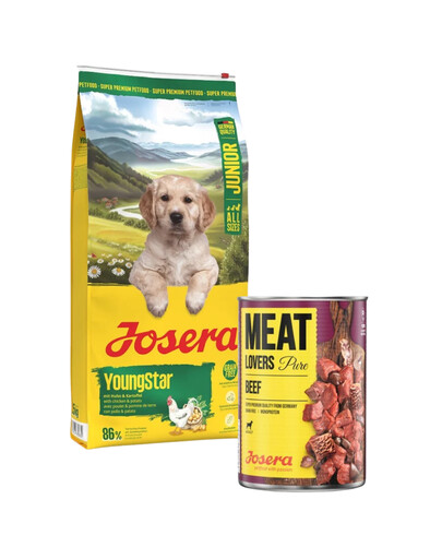 JOSERA YoungStar 12,5kg be grūdų šuniukų ėdalas + nemokama „Josera Meatlovers“ konservų skardinė su grynu jautienos mėsos 800 g