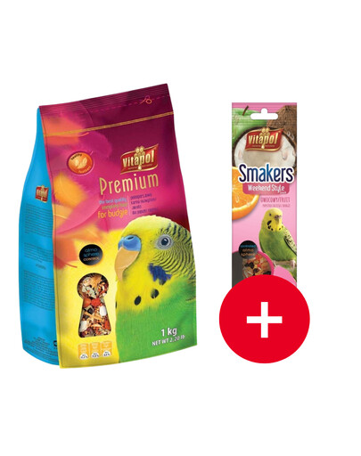 VITAPOL Premium maistas banguotajam papūgėliui, 1 kg + „Smakers Weekend Style“ vaisių skonio maistas banguotajam papūgėliui, 45 g NEMOKAMAI
