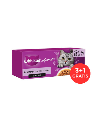 WHISKAS Suaugusiųjų Aromatinė Mišrainė pakeliai 120x85 g drėgnas maistas visaverčiam suaugusių kačių maistui padaže su glazūruota kiauliena ir morkomis, sultingu vištiena, su vandenynų žuvies gabaliukais sultinyje, švelniu lašiša ir žirniais + 40